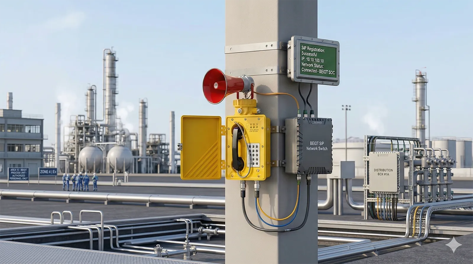 Teléfono SIP a prueba de explosiones conectado a una red de comunicación industrial IP