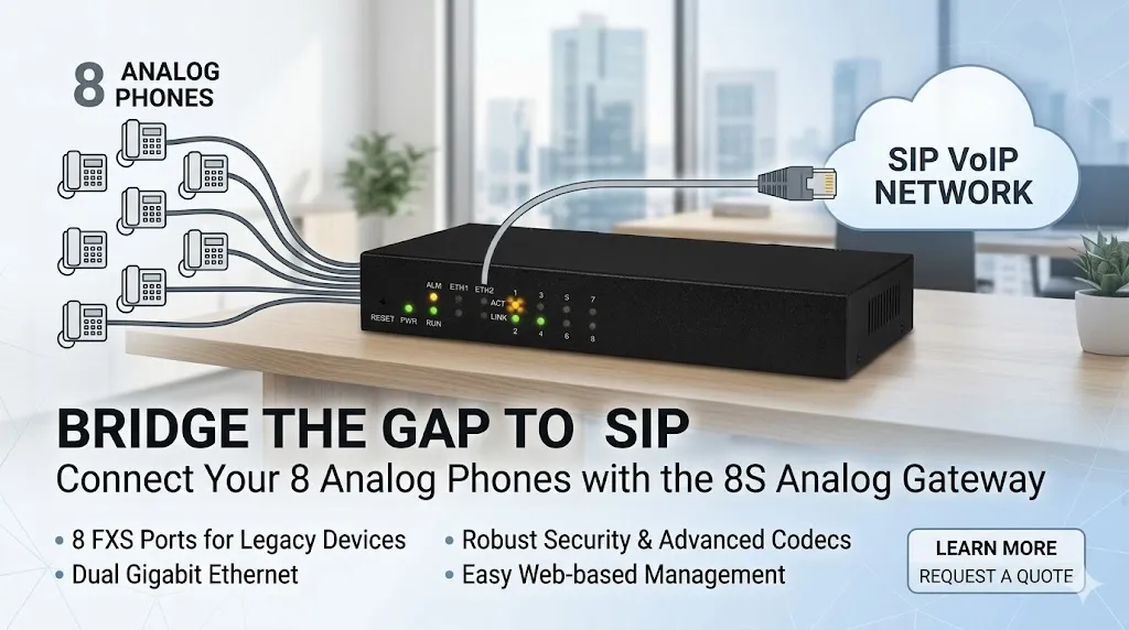 Vista frontal de la pasarela analógica 8S para integración de teléfonos analógicos y red SIP