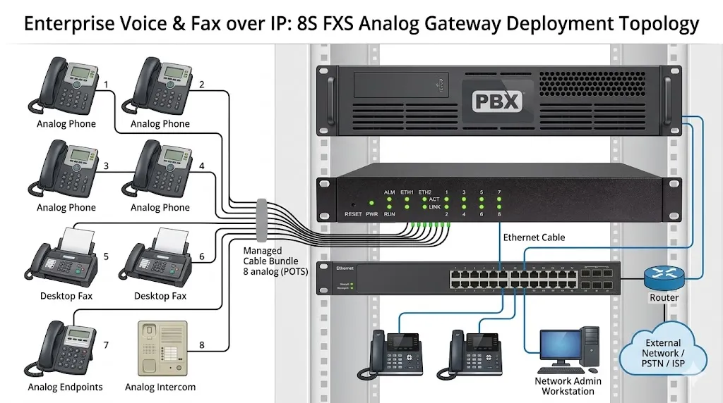 Pasarela analógica 8S desplegada con teléfonos analógicos, máquinas de fax y IP PBX