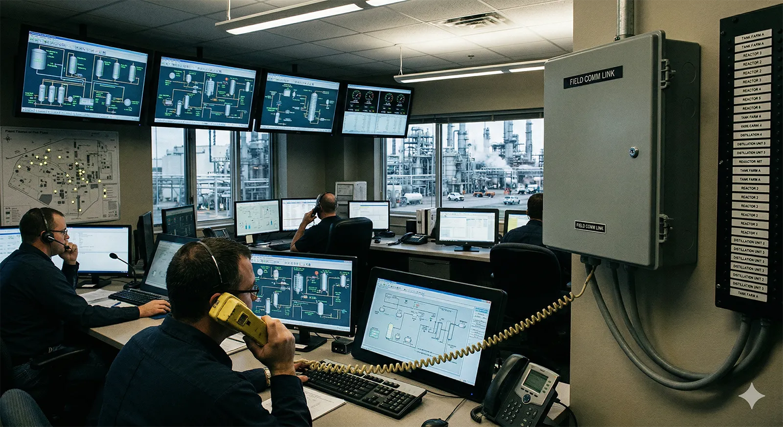 Flujo de comunicación de sala de control conectado a teléfonos de campo en una instalación petroquímica