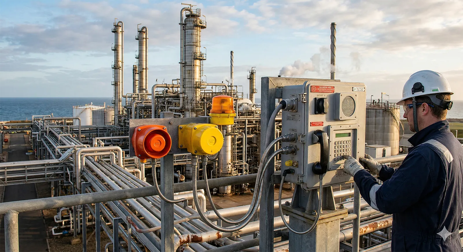 Punto de instalación petroquímica exterior que requiere equipos de comunicación resistentes a la intemperie y la corrosión