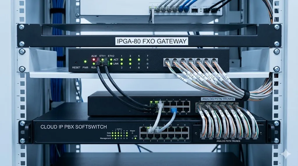 Pasarela FXO IPGA-80 conectada con IP PBX, conmutador software y líneas de troncal analógica