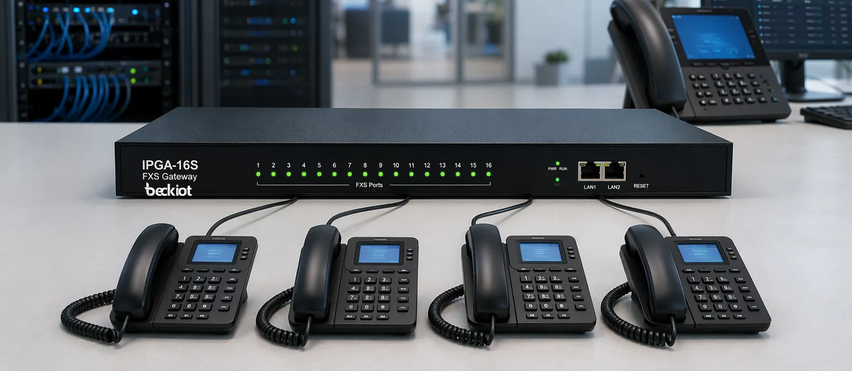Pasarela FXS IPGA-16S conectada con teléfonos analógicos y plataforma IP PBX
