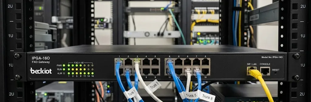 Vista frontal de la pasarela FXO IPGA-16O para integración de troncales analógicas y red SIP