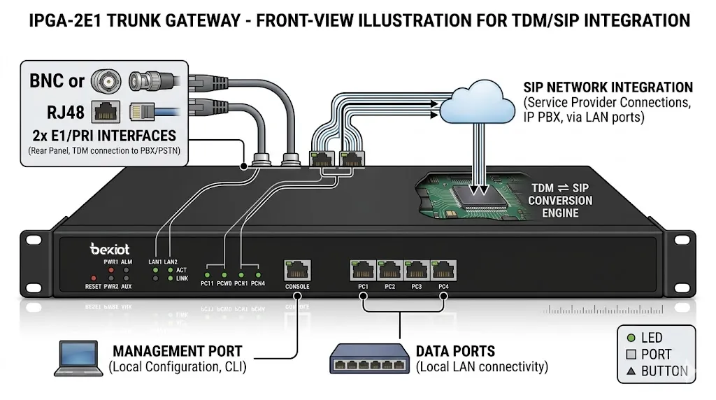 Vista frontal de la pasarela de troncal IPGA-2E1 para integración de troncal 2E1 y red SIP
