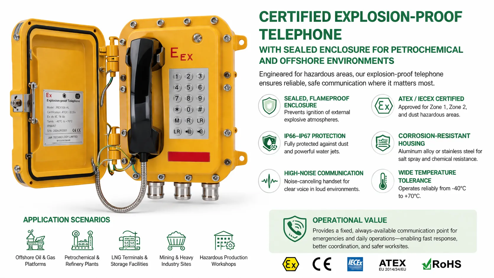 Teléfono antiexplosivo certificado con envolvente sellada para entornos petroquímicos y offshore