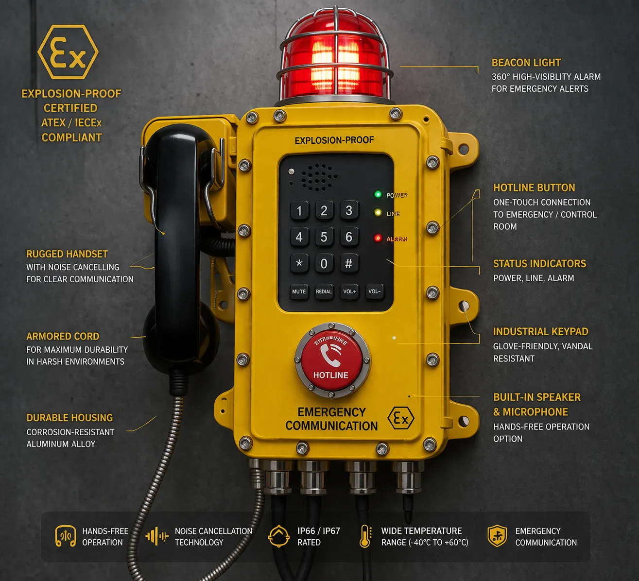 Teléfono antiexplosivo con luz de baliza botón de línea directa y funciones de comunicación industrial de emergencia