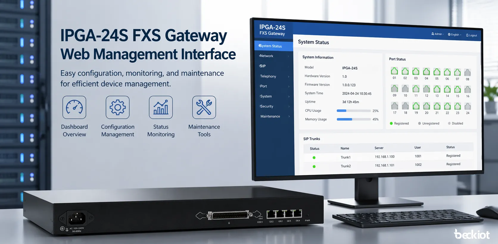 Interfaz web de gestión de la pasarela FXS IPGA-24S para configuración y mantenimiento