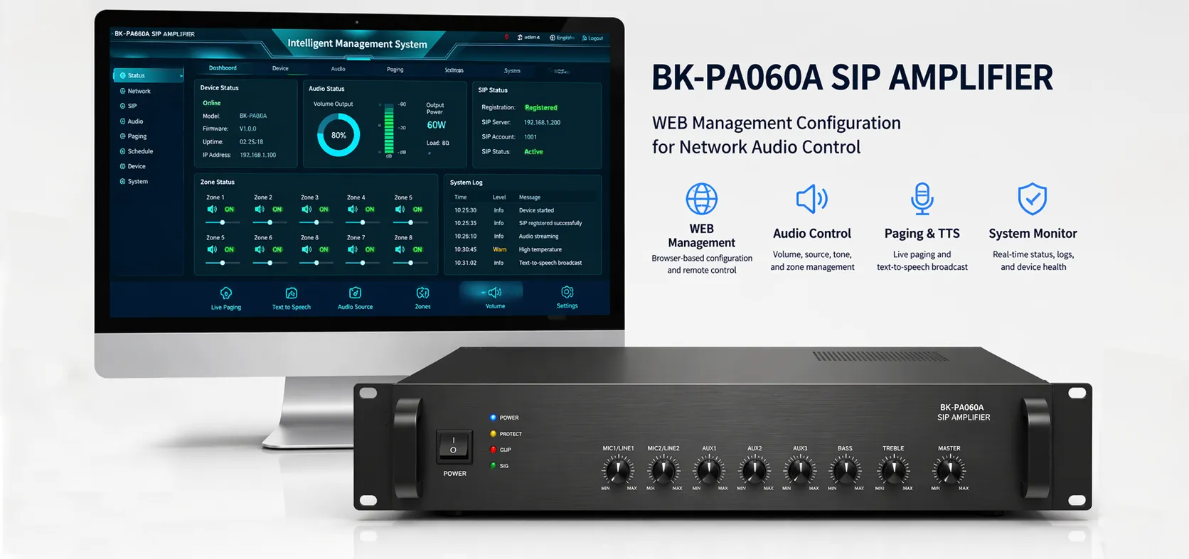 Amplificador SIP BK-PA60A con interfaz de configuración de gestión WEB para control de audio por red