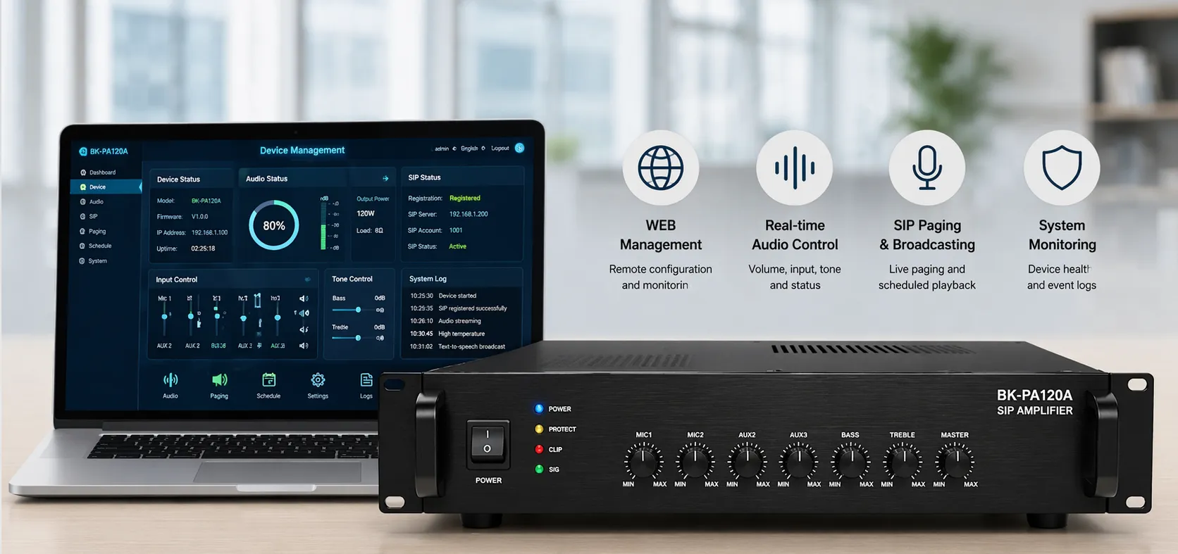 Amplificador SIP BK-PA120A con interfaz de gestión WEB para configuración y monitoreo de audio en red