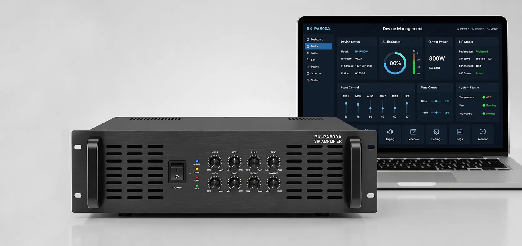 Amplificador SIP BK-PA800A con interfaz WEB para monitorización y configuración de audio en red