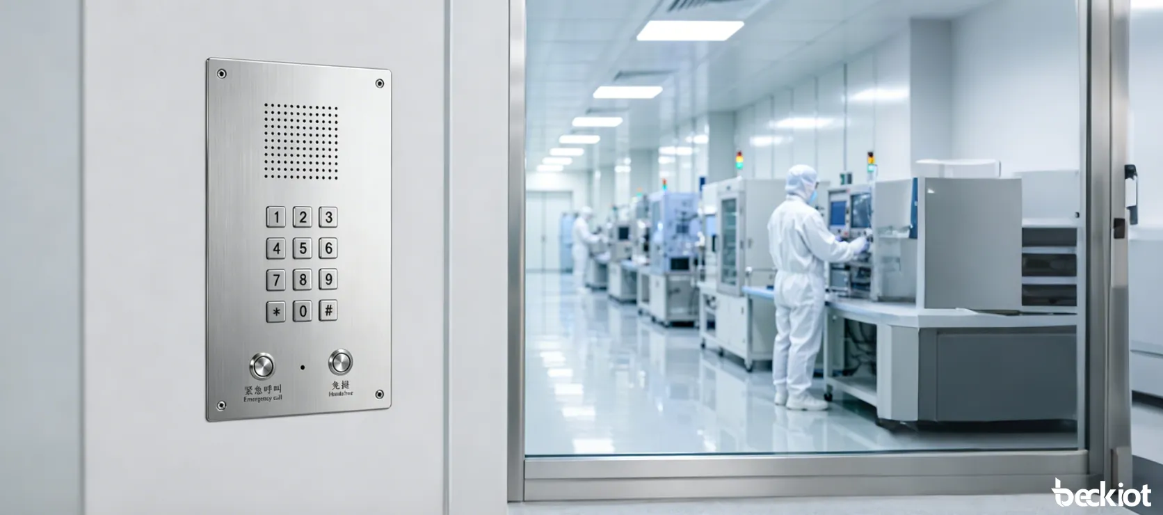 Vista frontal del teléfono manos libres IP para salas limpias BT26 con panel de acero inoxidable y diseño de montaje empotrado