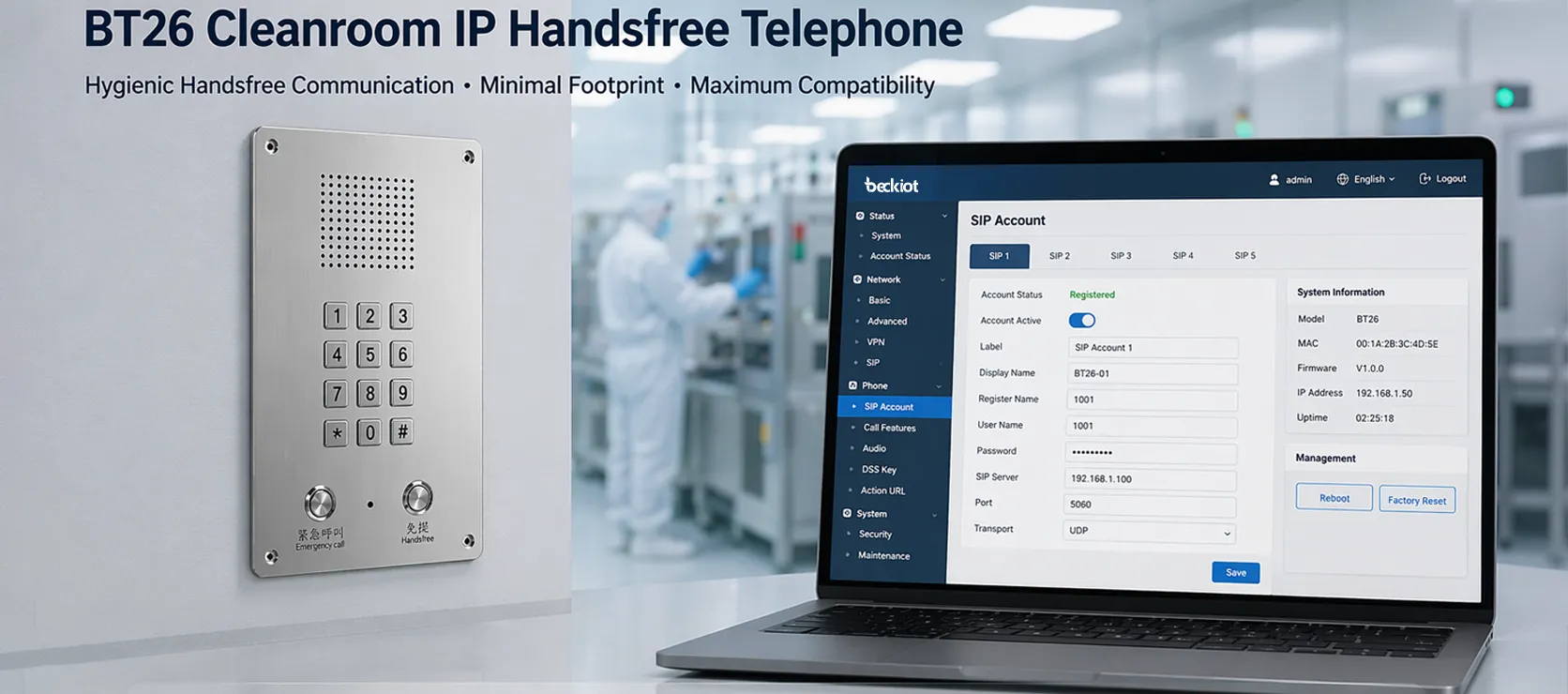Teléfono manos libres IP para salas limpias BT26 con configuración SIP basada en web e interfaz de gestión remota