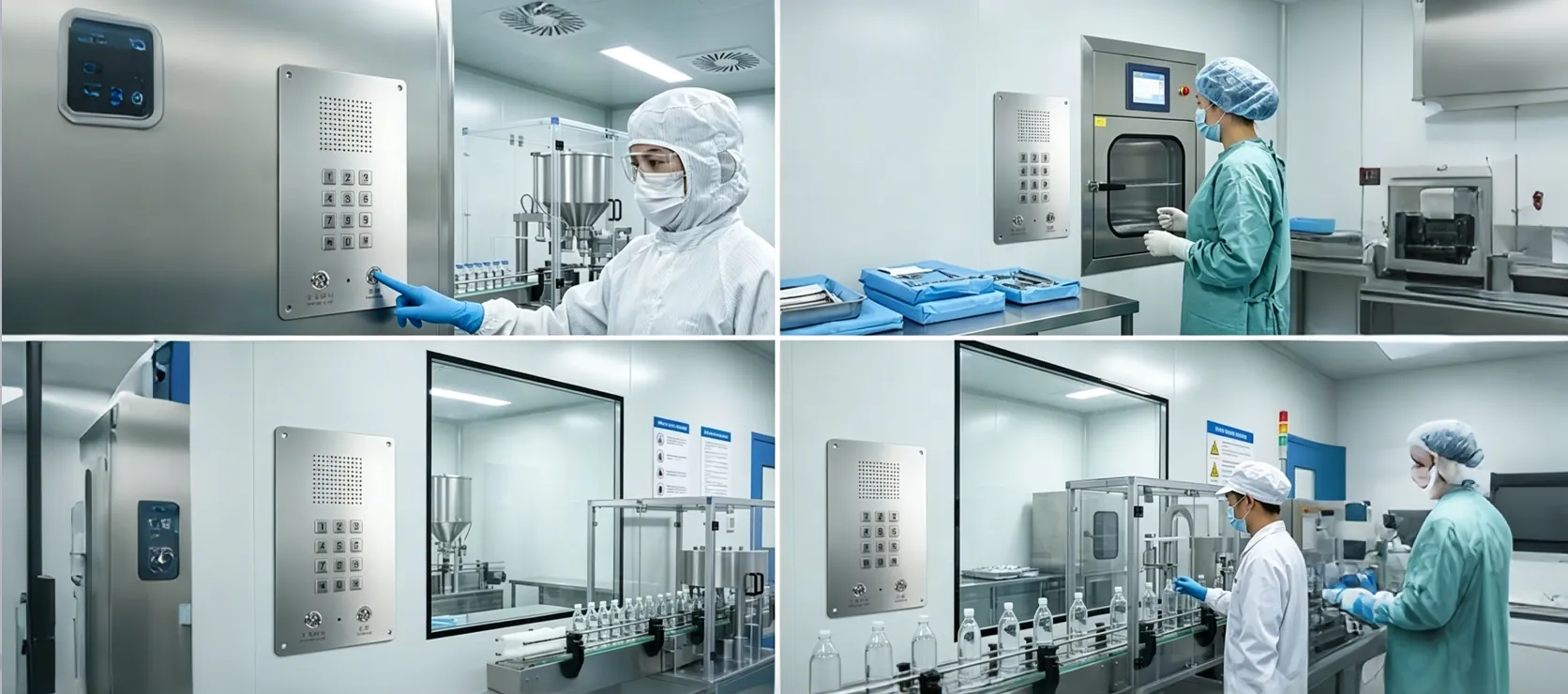 Teléfono manos libres IP para salas limpias BT26 instalado en un entorno de sala limpia farmacéutica, médica o de grado alimenticio
