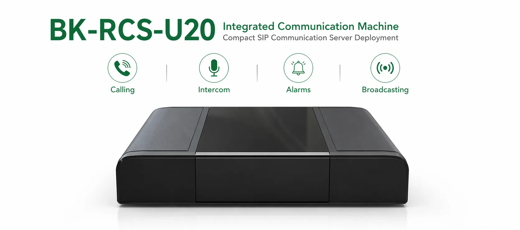 Vista frontal de la máquina de comunicación integrada BK-RCS-U20 en una implementación compacta de servidor de comunicaciones SIP