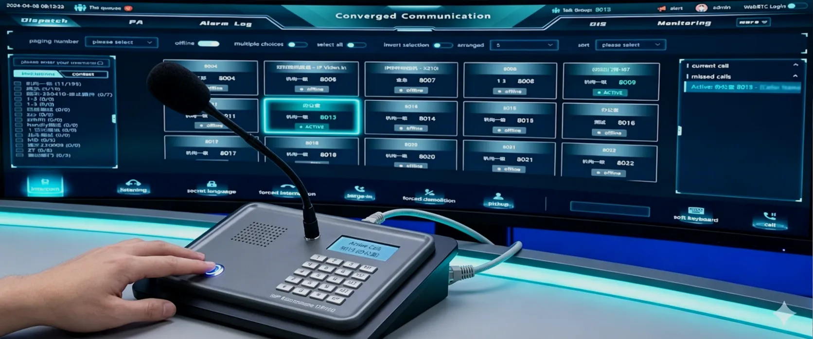 Micrófono SIP GP100 conectado a un sistema de comunicación y megafonía IP