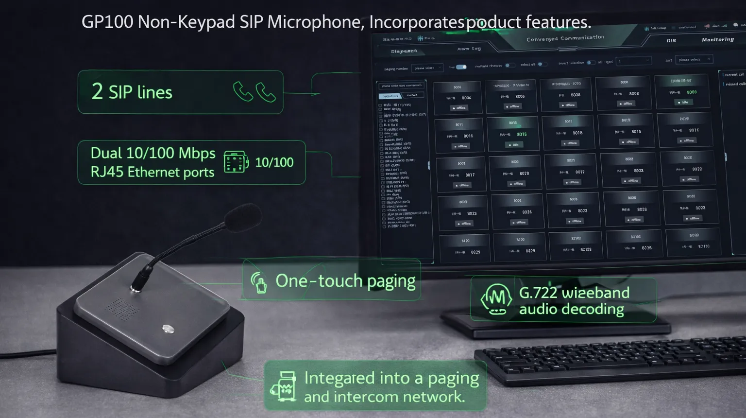 Micrófono SIP sin teclado GP100 integrado en una red de megafonía e intercomunicación