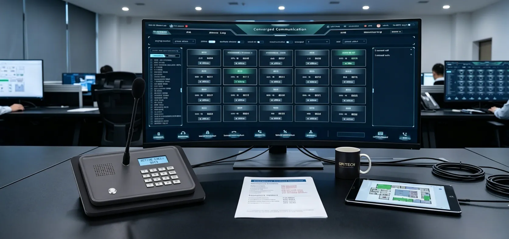 Micrófono SIP GP100 utilizado en un puesto de control para anuncios y comunicación por intercomunicación