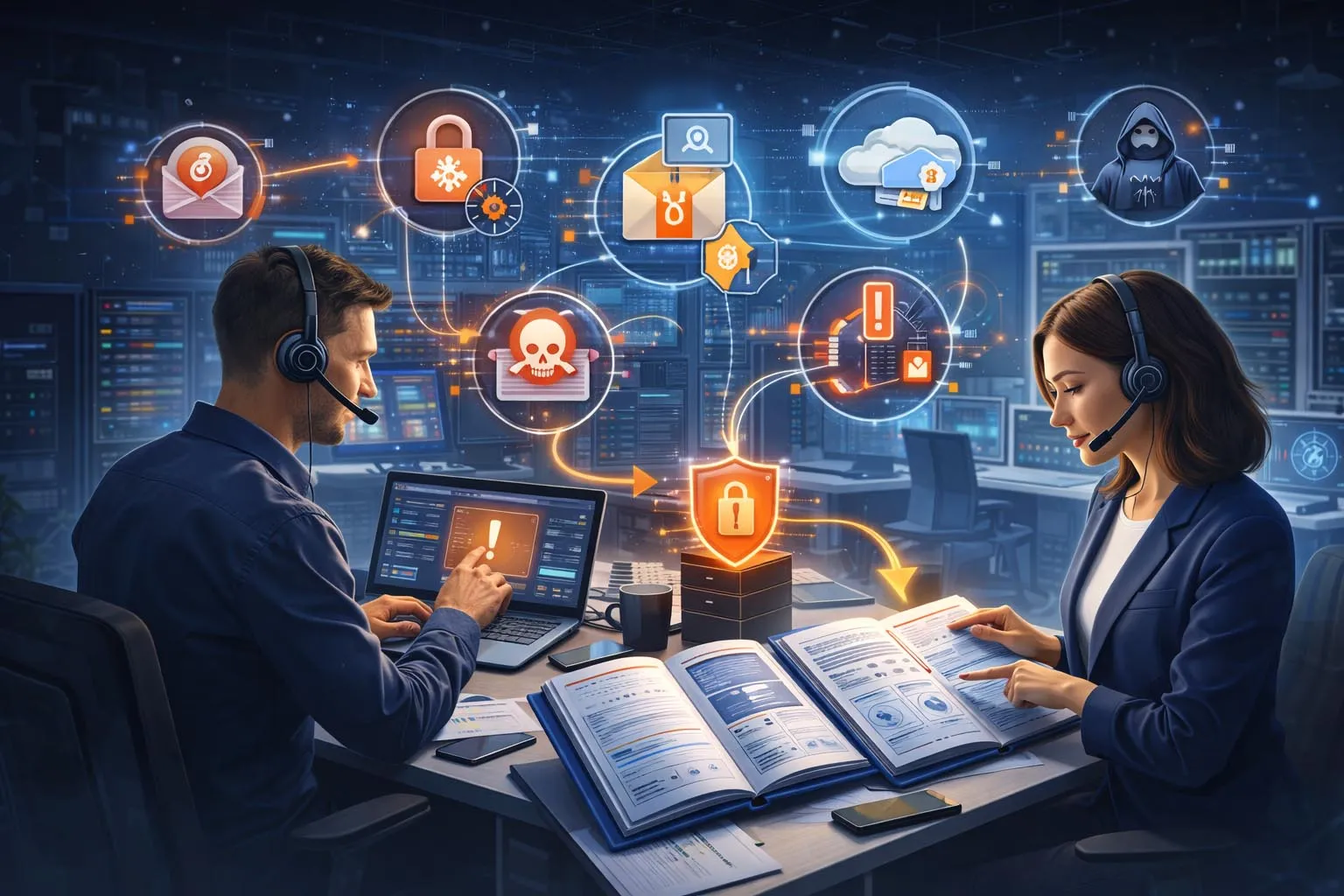 Enterprise incident response architecture linking endpoints firewalls identity systems cloud workloads security monitoring and coordinated recovery controls