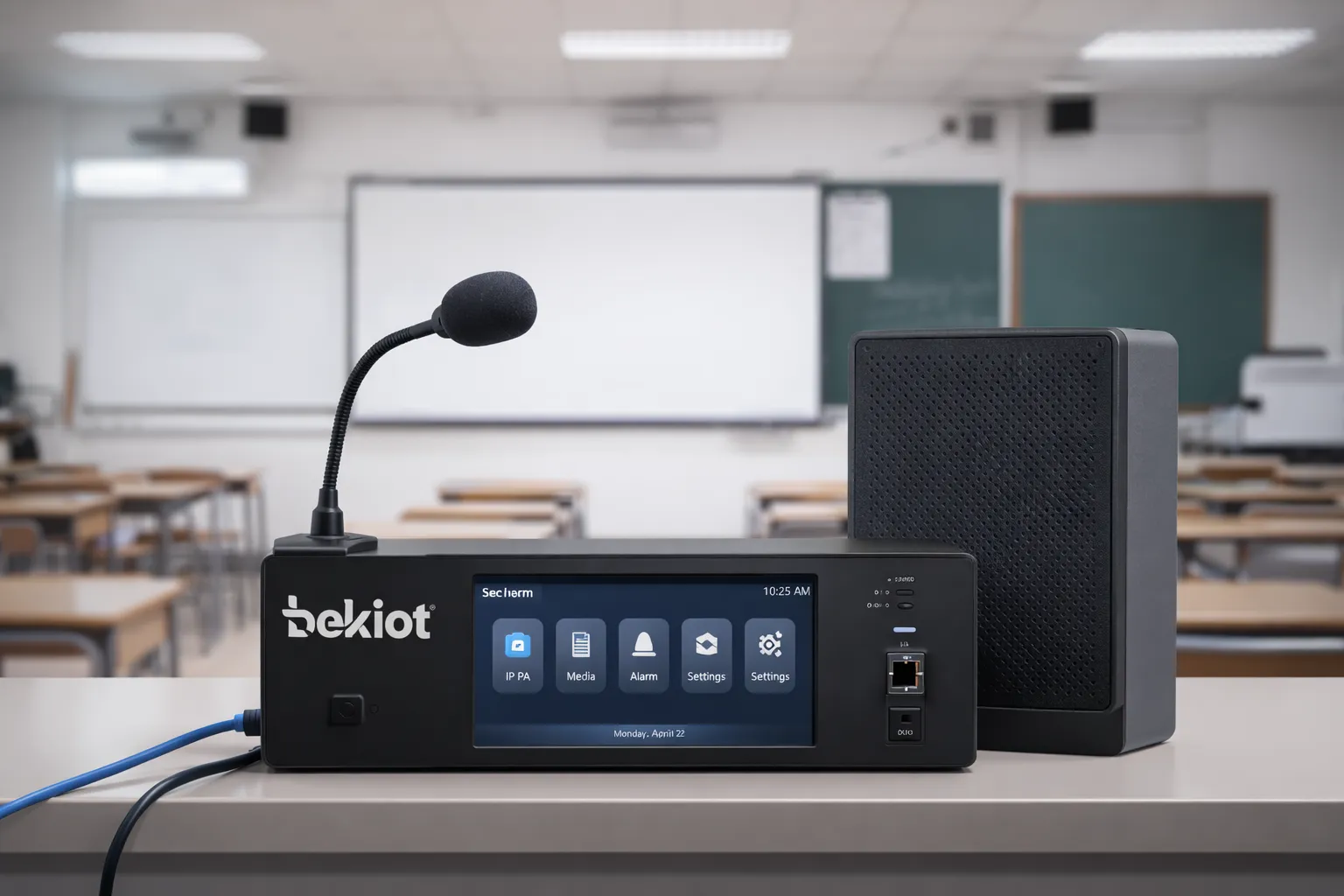 Classroom broadcast terminal with speaker and IP network connection for bell scheduling and school announcements