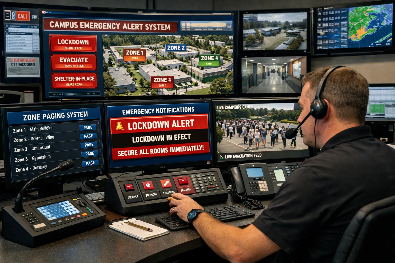 Sistema de PA Escolar para Paginación, Horario de Campanas y Notificación de Emergencia