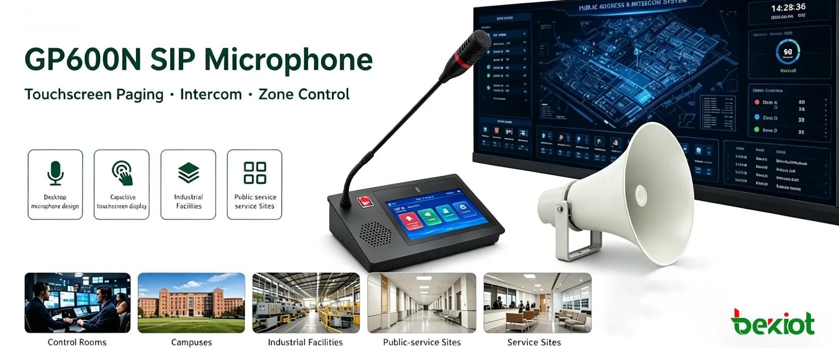 Micrófono SIP GP600N utilizado en una sala de control para megafonía por pantalla táctil y operación de difusión de emergencia