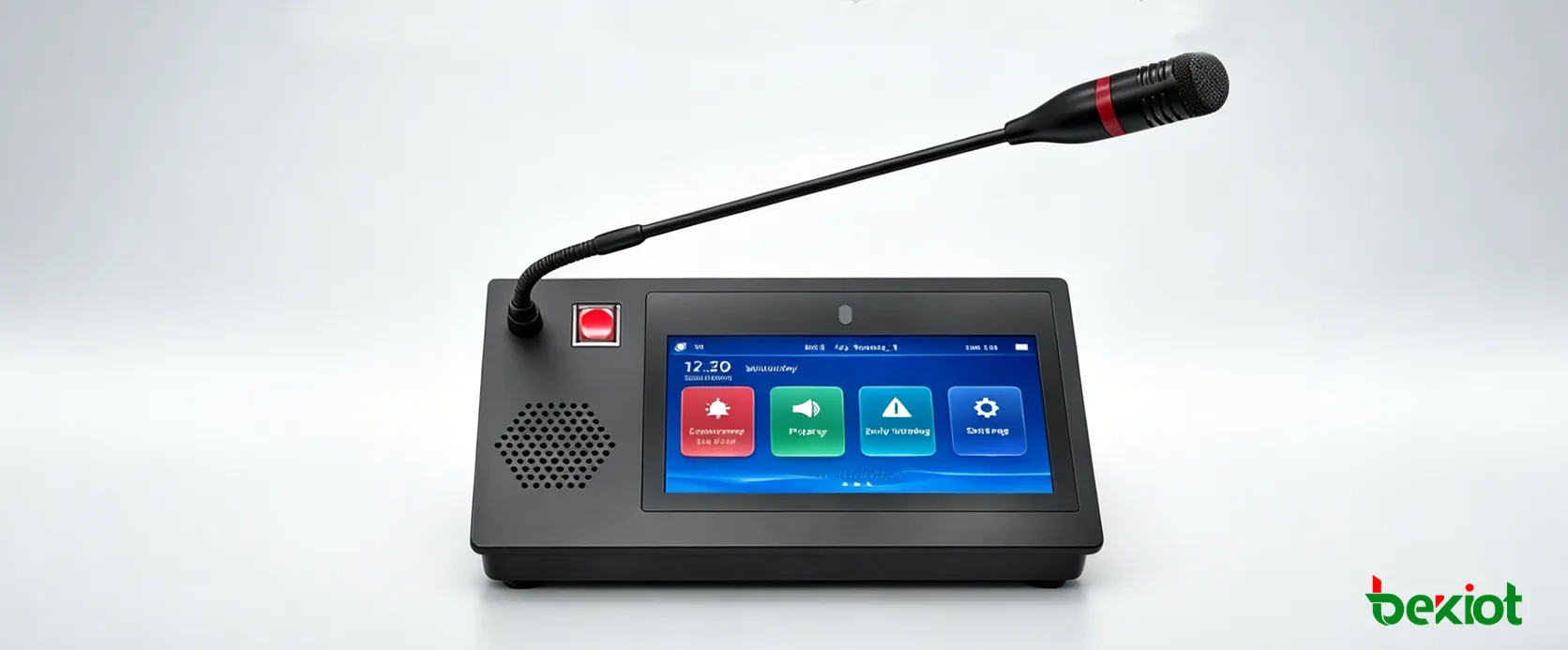 Micrófono SIP GP600N con pantalla táctil de 7 pulgadas en un puesto de megafonía de escritorio