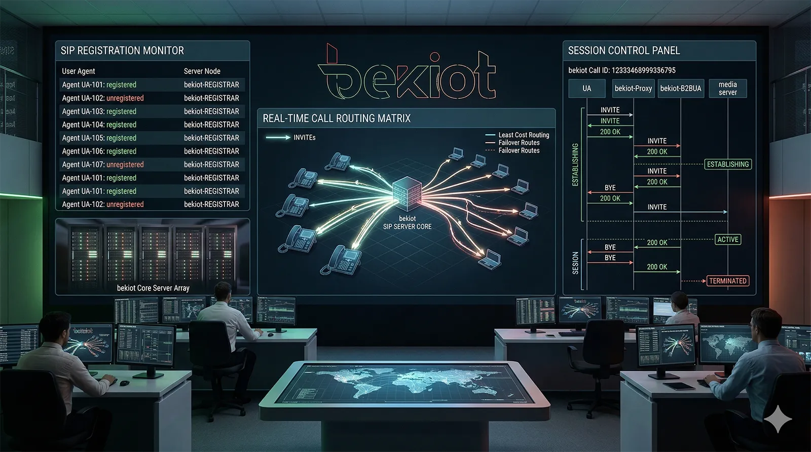Enterprise data room representing SIP server call routing, registration, and session control in a VoIP architecture