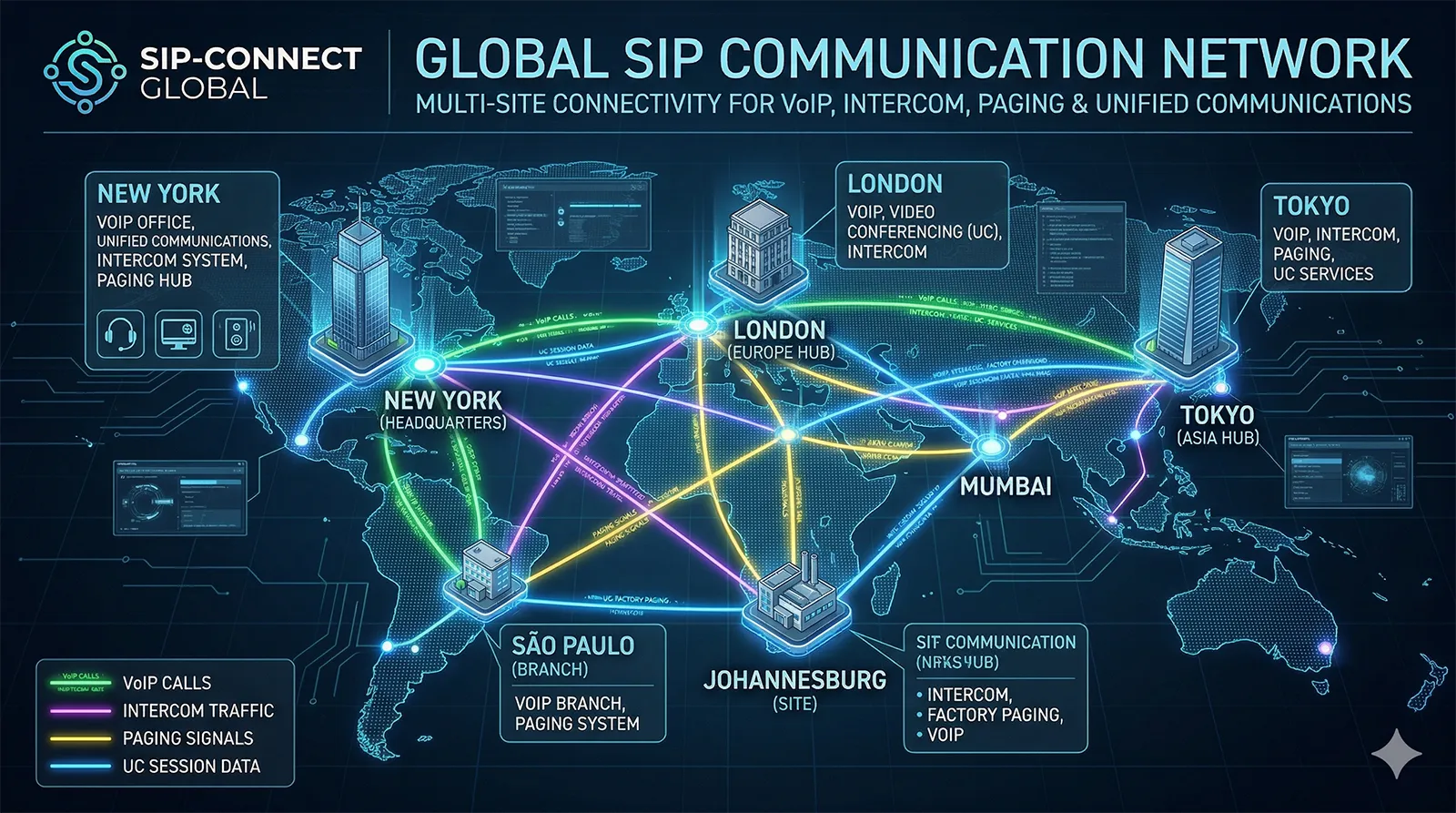 Global SIP communication network showing multi-site connectivity for VoIP, intercom, paging, and unified communications