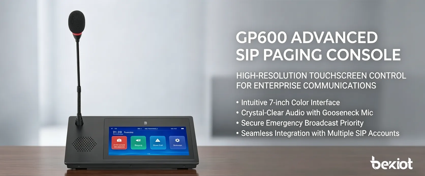 Diseño frontal y pantalla táctil del micrófono SIP GP600