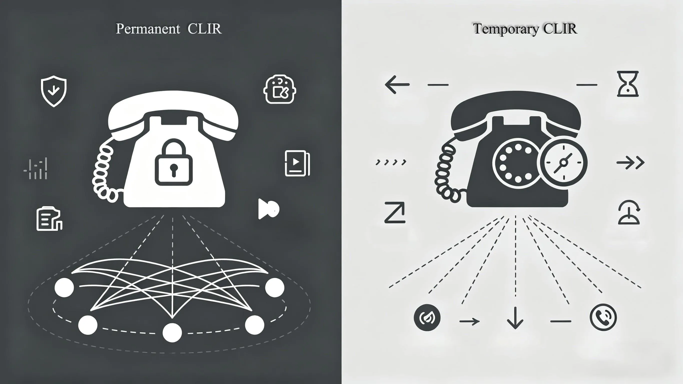 Comparison image showing permanent caller ID restriction and per-call caller ID restriction in enterprise and carrier environments