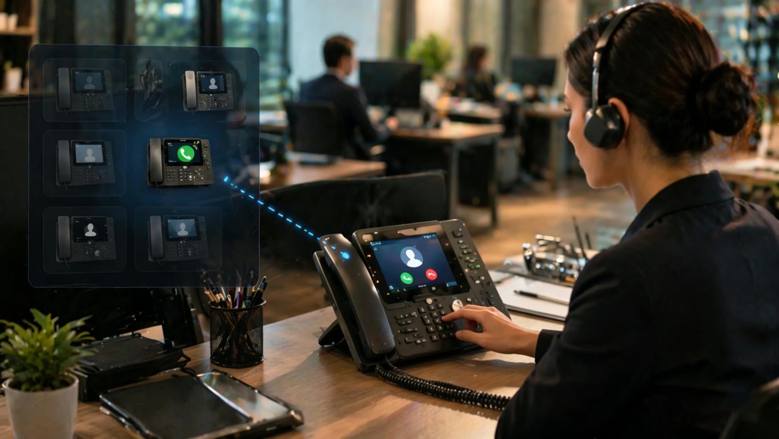 Call pickup workflow showing a ringing extension, another authorized user activating pickup, and the PBX redirecting the call to the answering phone