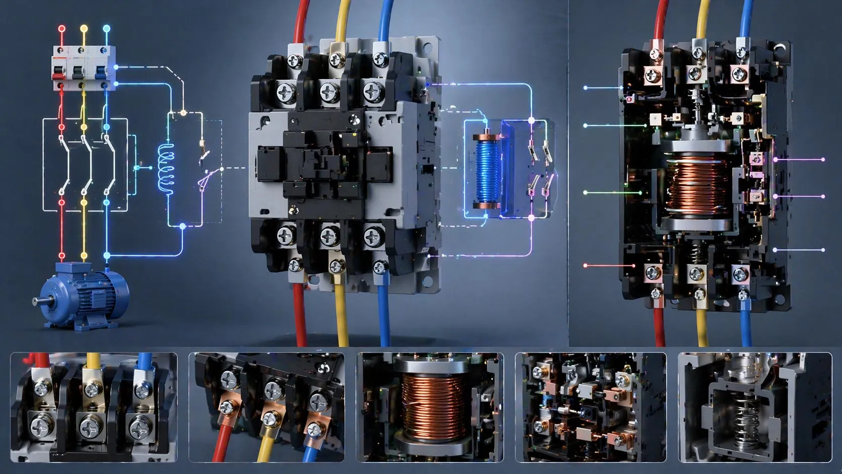 AC contactor terminal identification showing A1 A2 coil terminals main power terminals and auxiliary contact markings on a standard industrial contactor