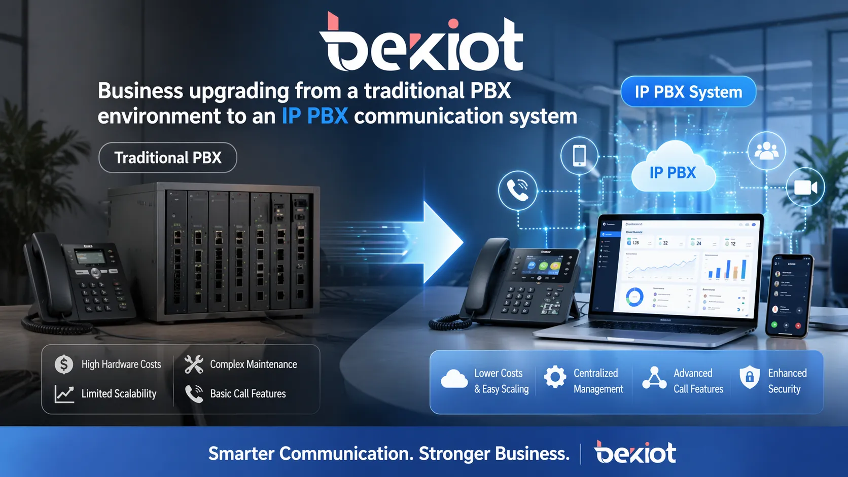 Business upgrading from a traditional PBX environment to an IP PBX communication system