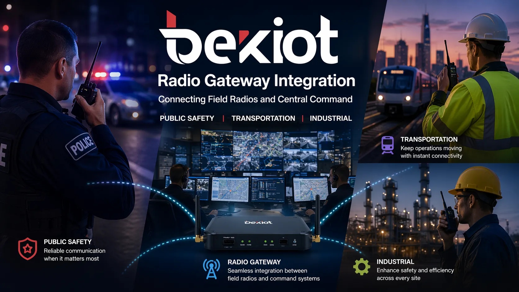 Public safety, transportation, and industrial teams using radio gateway integration across field radios and central command