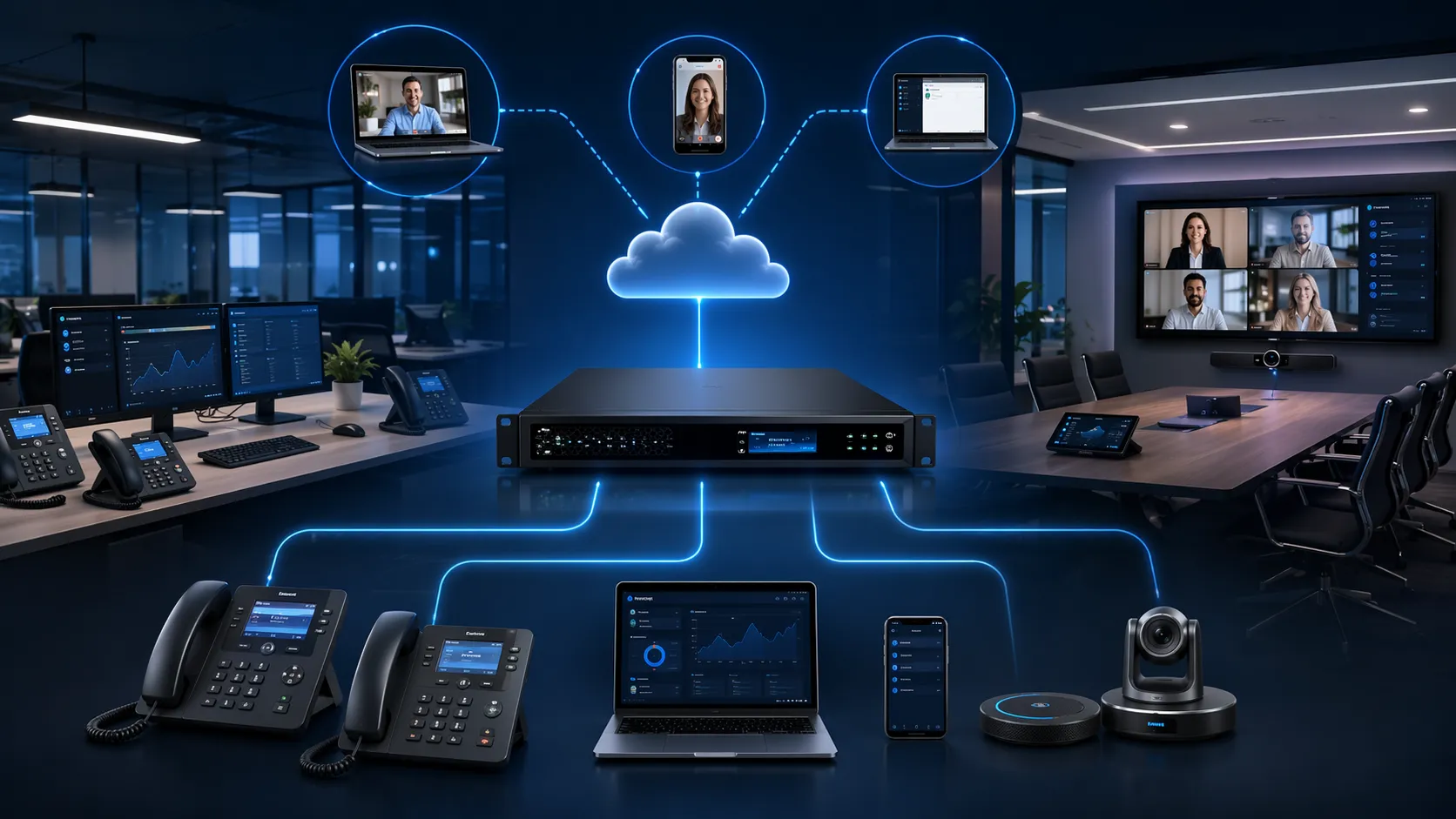 Grandstream built-in IP PBX supporting office desk phones, video endpoints, and remote users across a business network