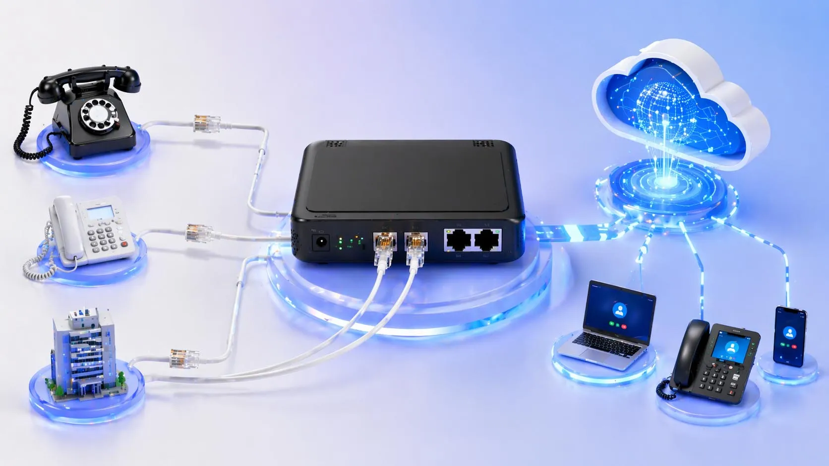 Telephone handset connected through an RJ11 cable in an office communication environment