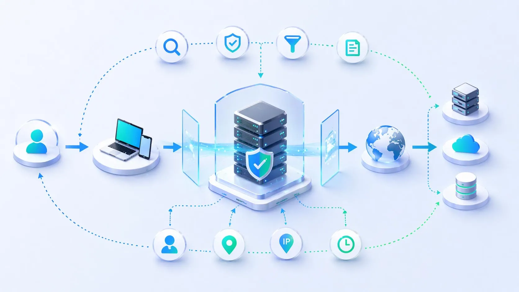 Proxy server request flow showing client traffic entering the proxy, policy inspection and forwarding, then response relay back to the requester