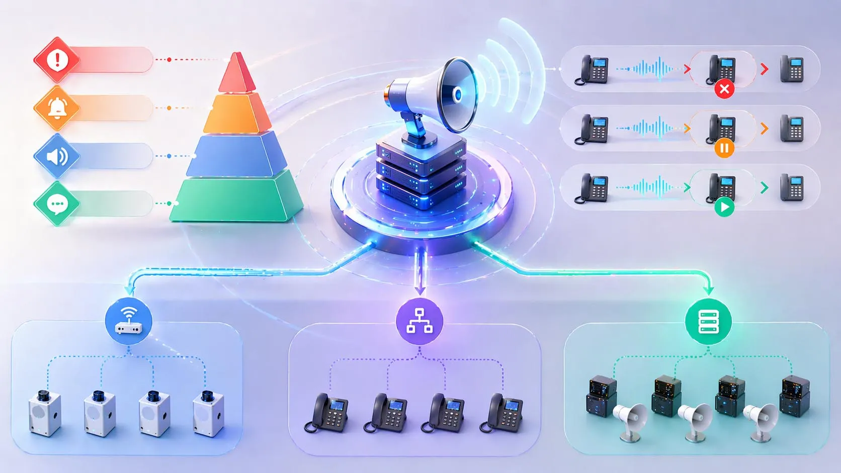 Priority paging workflow showing normal, high, and emergency pages being processed through PBX, multicast paging, and endpoint interruption rules