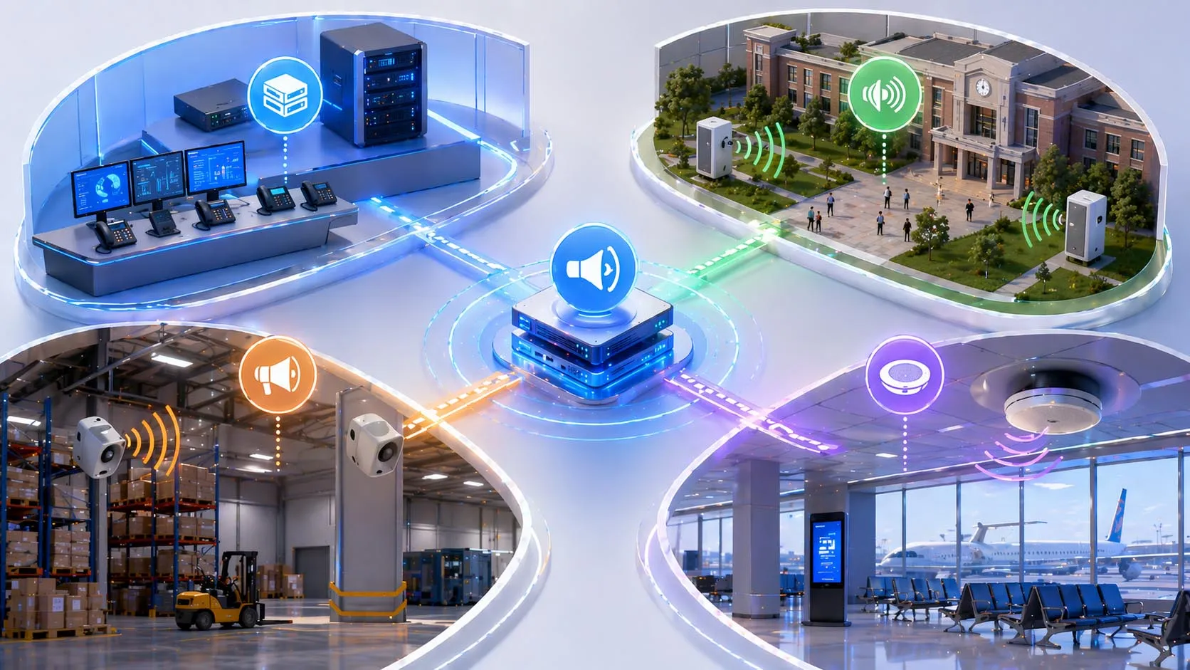 Priority paging applications across hospitals industrial plants campuses offices and overhead paging zones using IP phones and paging speakers