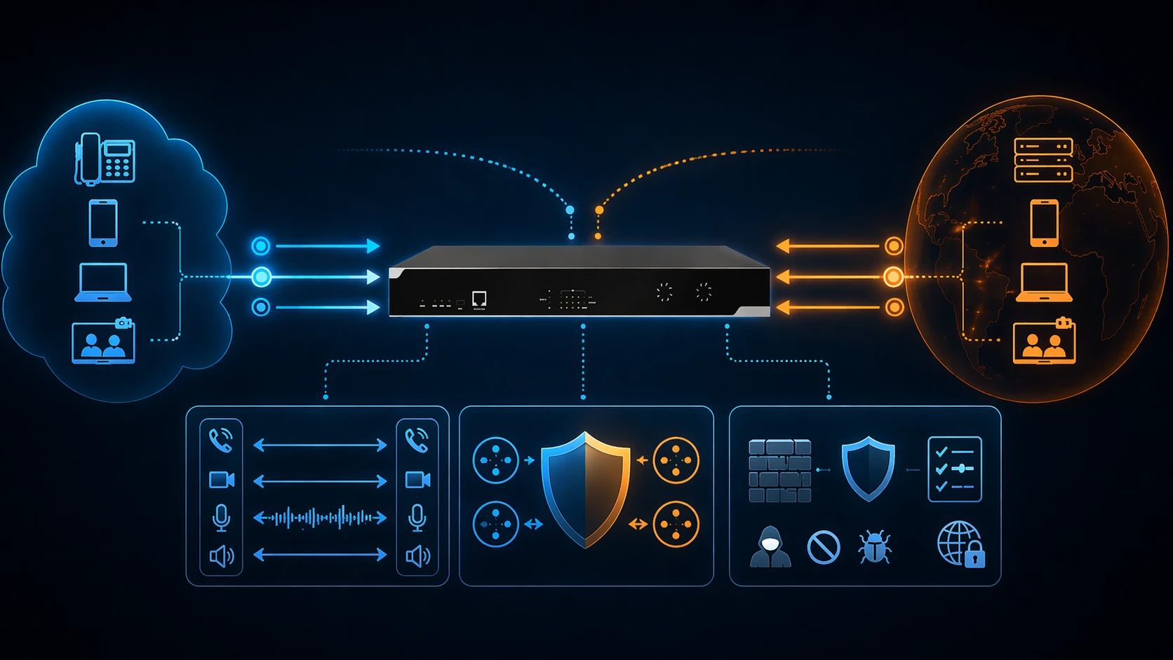 Session Border Controller procesando señalización SIP y medios entre dos redes IP mientras aplica funciones de seguridad, política e interfuncionamiento