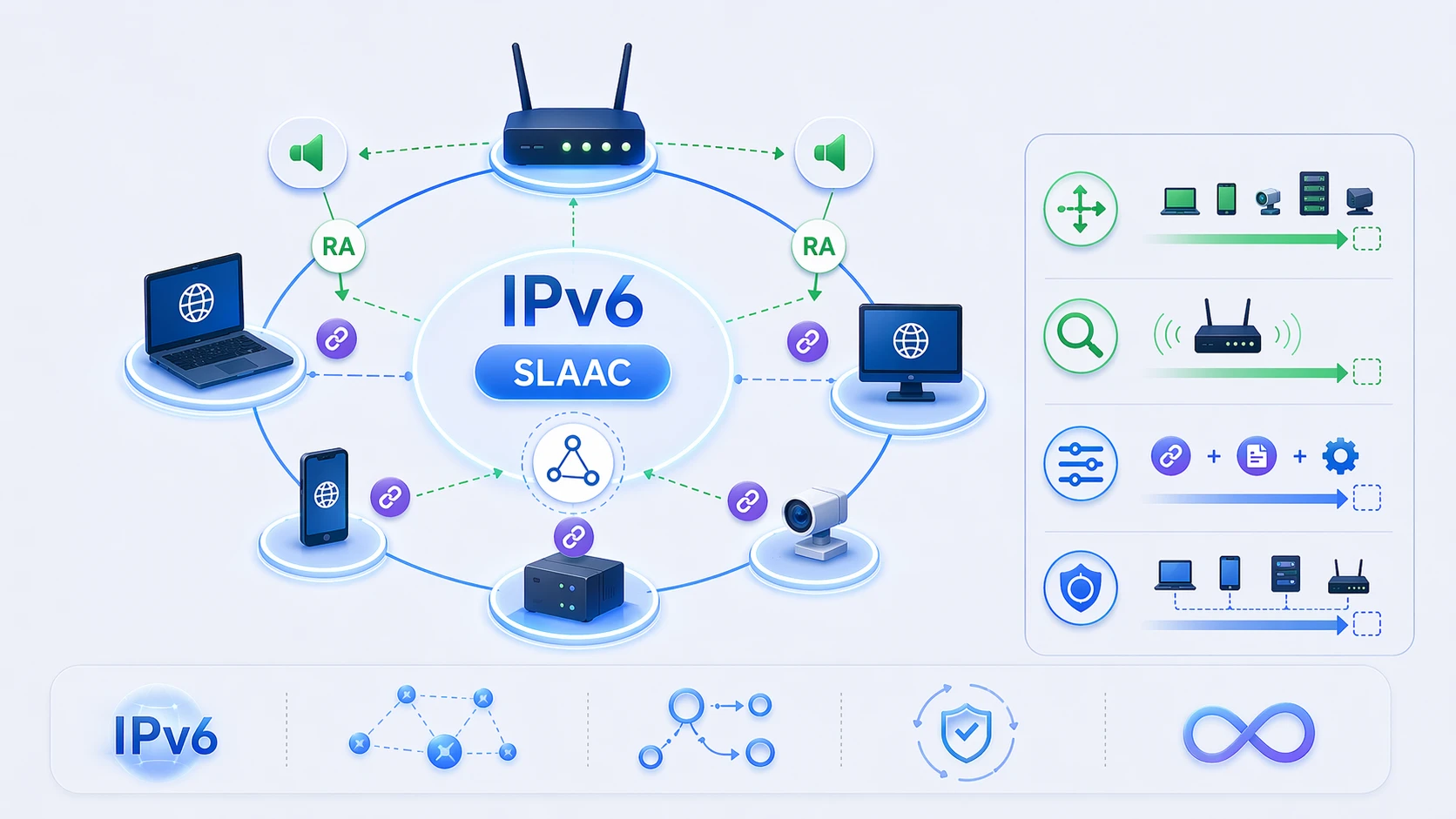 IPv6 SLAAC benefits showing automatic host configuration reduced manual effort and scalable address creation