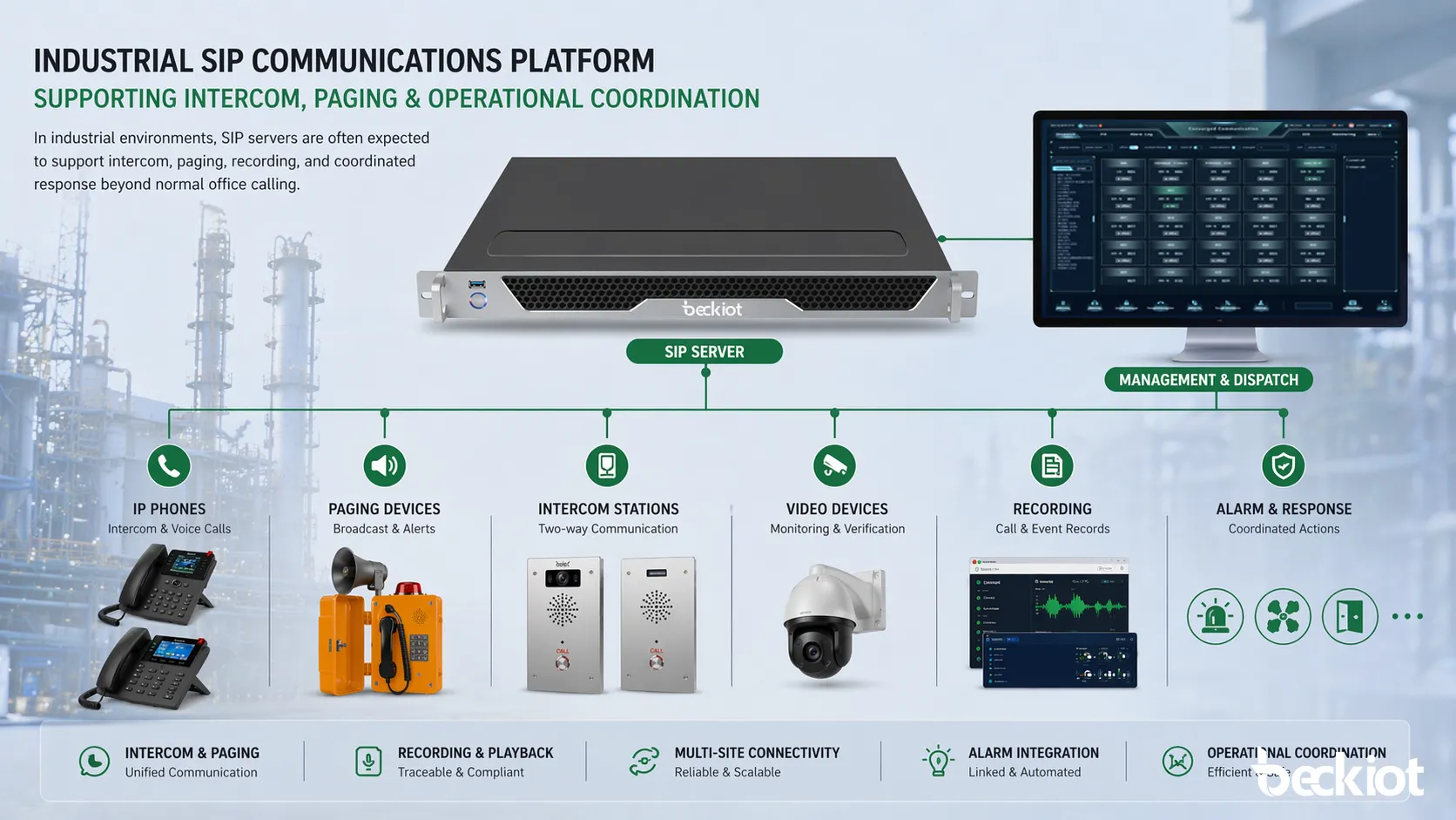 Industrial SIP communications platform supporting intercom paging and operational coordination