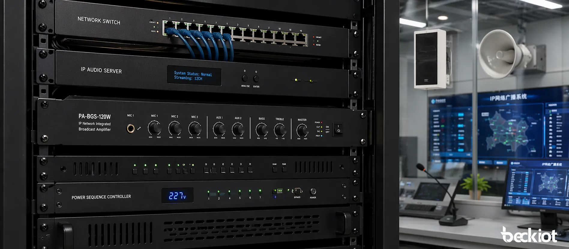 PA-BGS-120W IP network integrated broadcast amplifier installed in a professional communication equipment environment