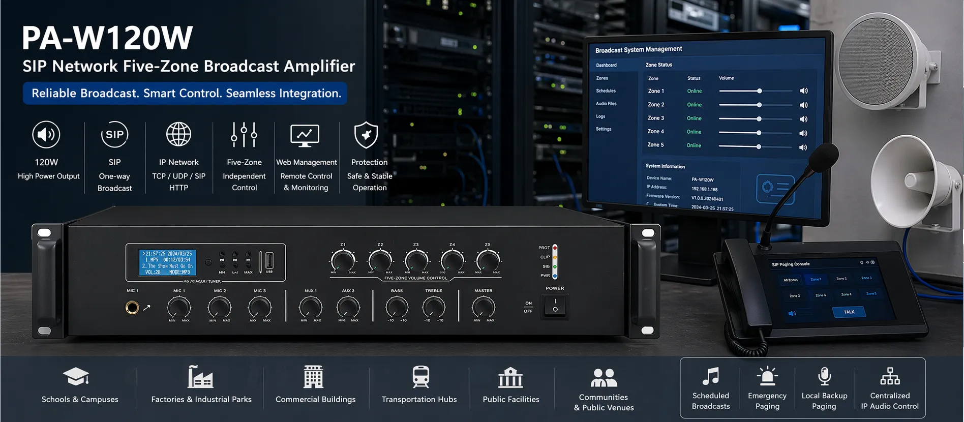 Amplificador de megafonía en red SIP de cinco zonas PA-W120W instalado en un entorno profesional de audio IP