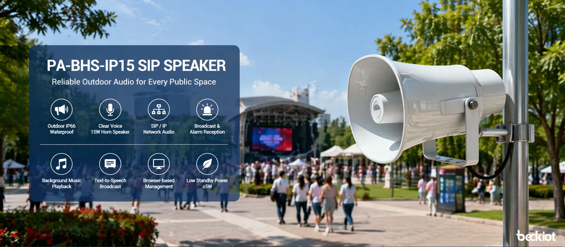 Altavoz SIP PA-BHS-IP15 utilizado para anuncios en exteriores, alertas y audio ambiental en un lugar público