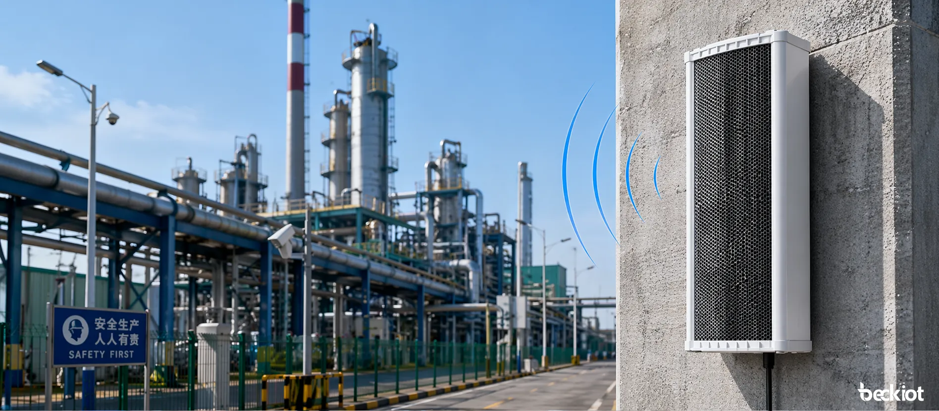 Altavoz columna de audio SIP SK09 de 90 W instalado en un entorno de megafonía industrial exterior