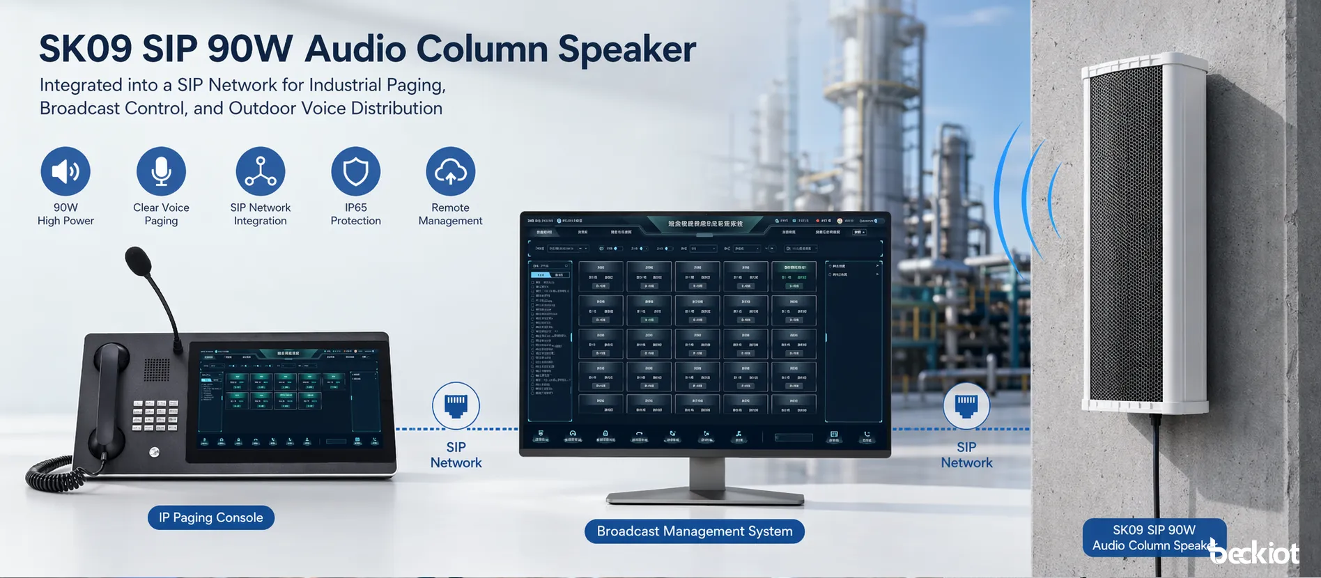 Altavoz columna de audio SIP SK09 de 90 W conectado a una red de megafonía y radiodifusión SIP