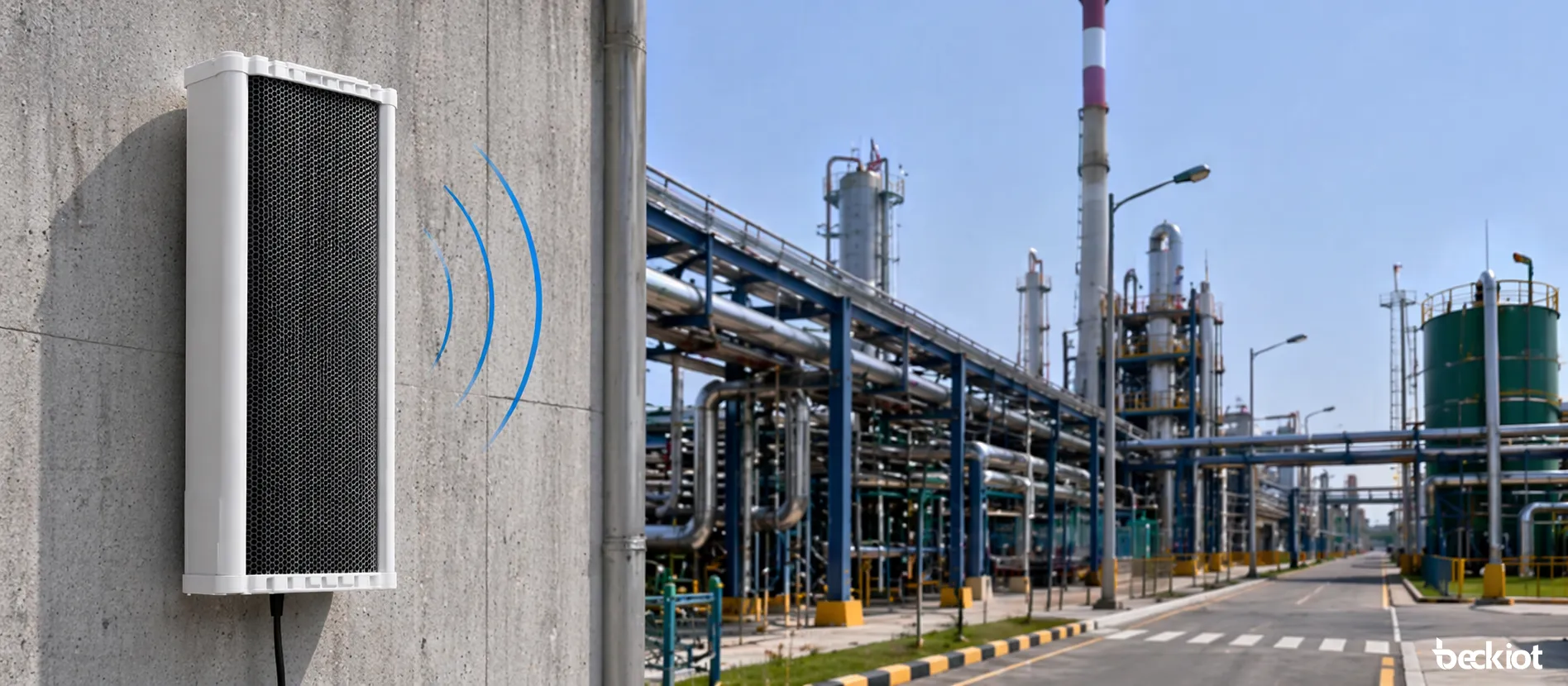 Altavoz columna de audio SIP SK12 de 120 W instalado en una pared exterior industrial para cobertura de megafonía de alta potencia