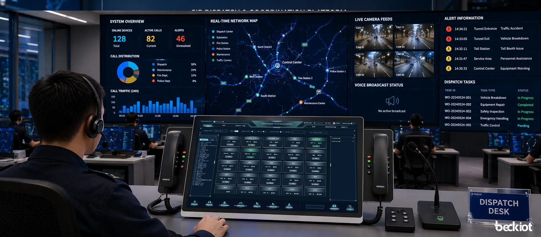 Consola de Despacho IP BK-DSC-236 utilizada en una sala de control para operaciones de comunicación, notificación y despacho